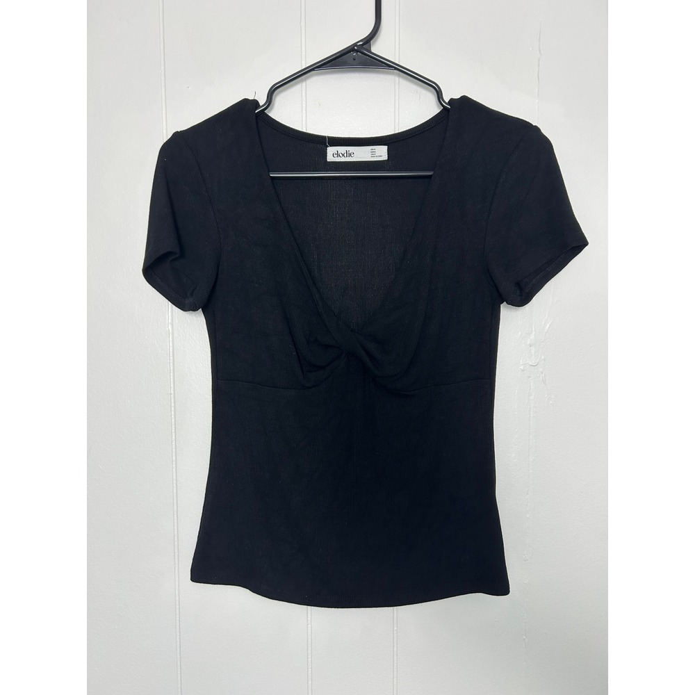 Elodie Top Womens M Black Twist Front Ribbed Knit V-Neck Short Sleeve minimalist